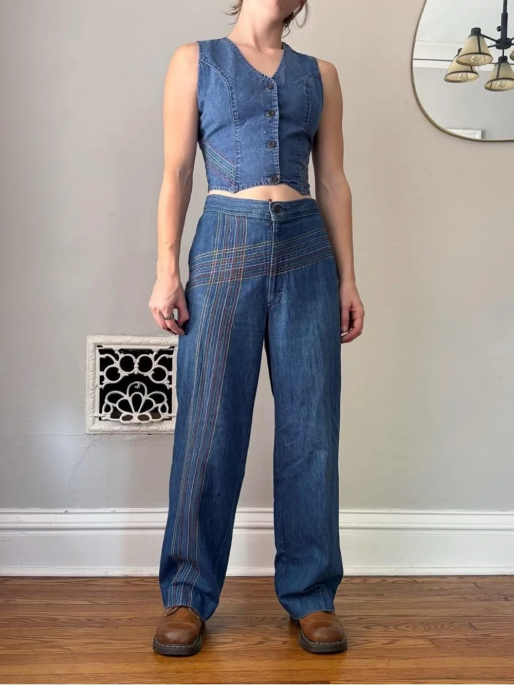 Vintage 70s Miss H.I.S. Retro rainbow embroidered denim vest + wide leg pant set - Picture 3 of 8